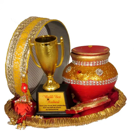 Golden Karwa Chauth Pooja Thali Set With Trophy For Husband |Karwachauth Thali Set |Karwa Chauth Thali Terracotta (8 Pieces, Multicolor)