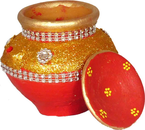 Golden Karwa Chauth Pooja Thali Set With Trophy For Husband |Karwachauth Thali Set |Karwa Chauth Thali Terracotta (8 Pieces, Multicolor)