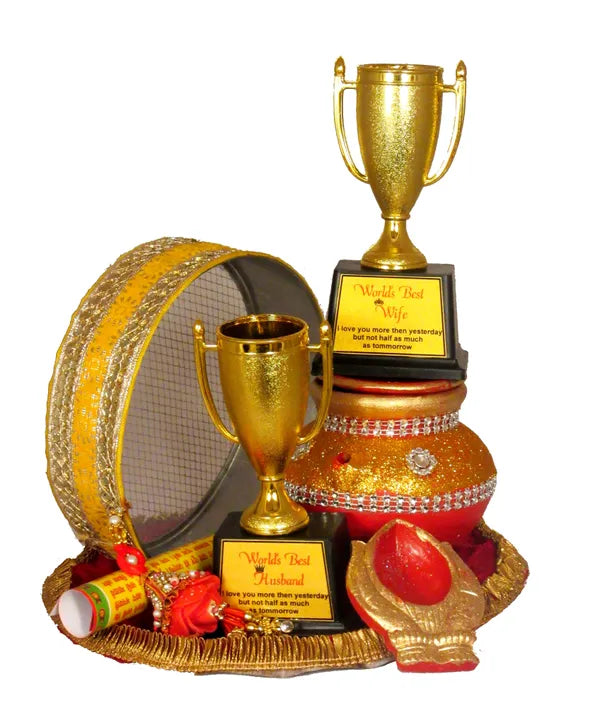 Golden Karwa Chauth Pooja Thali Set With Trophy For Husband |Karwachauth Thali Set |Karwa Chauth Thali Terracotta (9 Pieces, Multicolor)