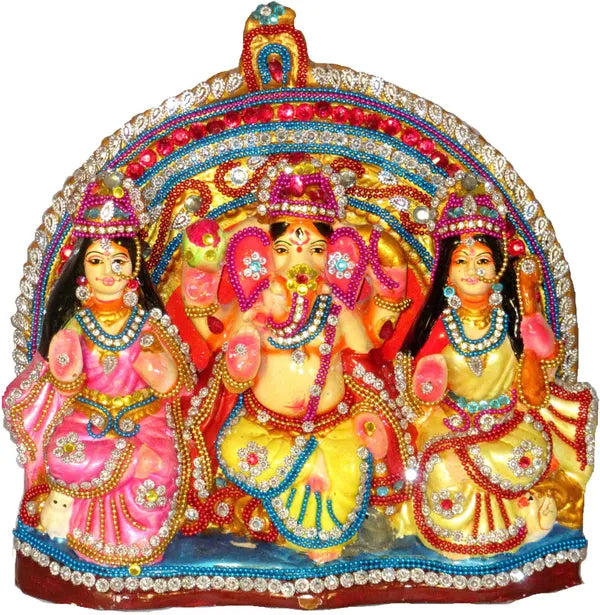 Laxmi Ganesh Saraswati Idol | Diwali Pooja Idol | Laxmi Ganesh Saraswati Murti Decorative Showpiece - 19 Cm (Terracotta, Multicolor)