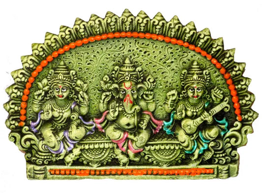 Laxmi Ganesh Saraswati Ji Idol | Diwali Pooja Idol | Laxmi Ganesh Murti Decorative Showpiece - 10 Cm (Terracotta, Green)