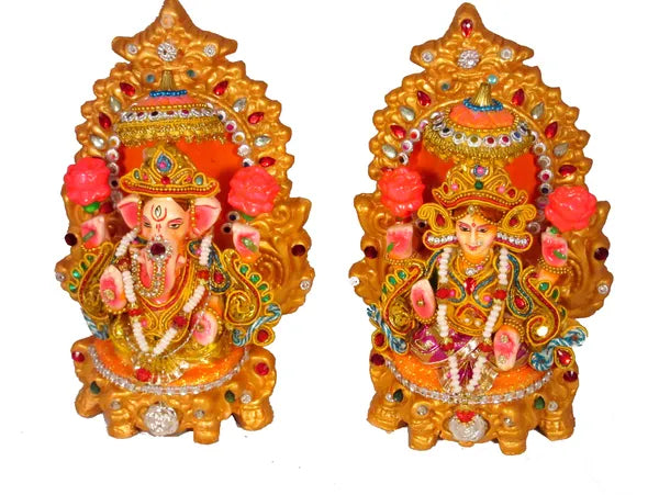 Terracotta Laxmi Ganesh Murti / Clay Laxmi Ganesh Idol Decorative Showpiece - 19 Cm (Terracotta, Multicolor)