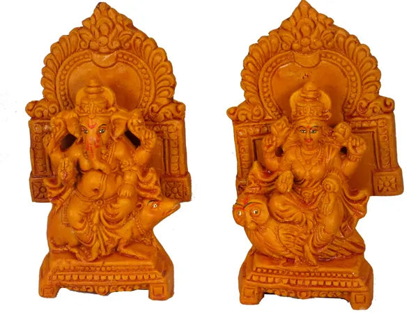 Terracotta Laxmi Ganesh Murti / Clay Laxmi Ganesh Idol Decorative Showpiece - 28 Cm (Terracotta, Brown)