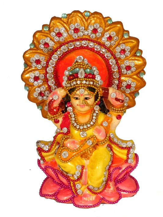 Terracotta Saraswati Mata Murti Saraswati Murti Saraswati Idol Decorative Showpiece - 13 Cm (Terracotta, Multicolor)