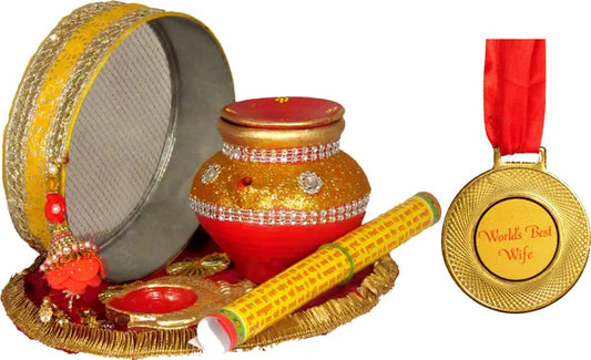 Golden Karwa Chauth Pooja Thali Set With Medal For Best Wife |Karwachauth Thali Set |Karwa Chauth Thali Terracotta Terracotta (7 Pieces, Multicolor)