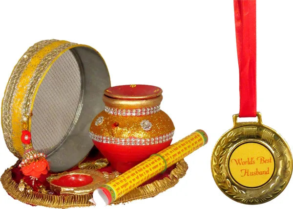 Golden Karwa Chauth Pooja Thali Set With Medal For Best Husband |Karwachauth Thali Set (7 Pieces, Multicolor)