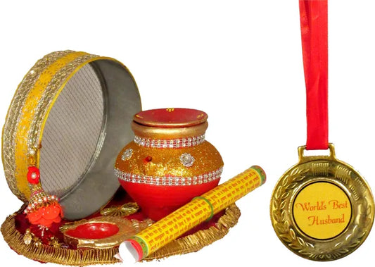 Golden Karwa Chauth Pooja Thali Set With Medal For Best Husband |Karwachauth Thali Set (7 Pieces, Multicolor)