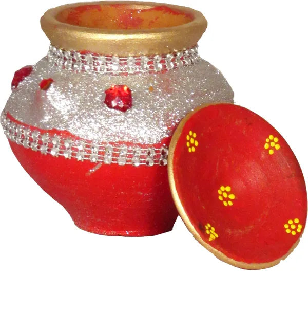 Silver Color Karwa Chauth Pooja Thali Set With Trophy For Wife |Karwachauth Thali Set |Karwa Chauth Thali Terracotta (Multicolor)