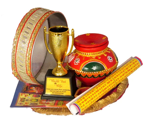 Lace Karwa Chauth Pooja Thali Set With Trophy For Husband |Karwachauth Thali Set |Karwa Chauth Thali Terracotta (7 Pieces, Multicolor)