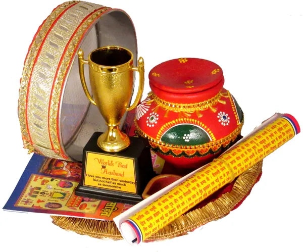 Lace Karwa Chauth Pooja Thali Set With Trophy For Husband |Karwachauth Thali Set |Karwa Chauth Thali Terracotta (7 Pieces, Multicolor)