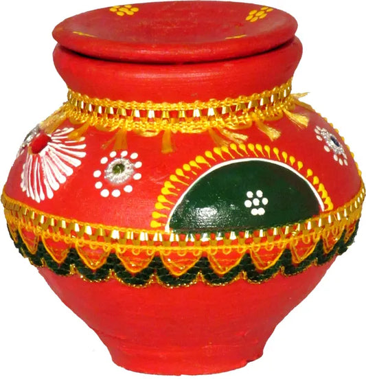 Lace Karwa For Kawachauth Pooja | Karwa Chauth Katha Terracotta Kalash (Red)