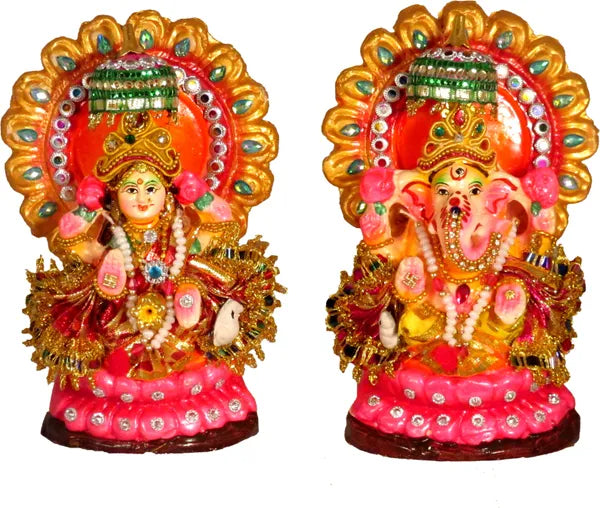 Terracotta Laxmi Ganesh Murti / Laxmi Ganesh Idol Decorative Showpiece - 16 Cm (Terracotta, Multicolor)