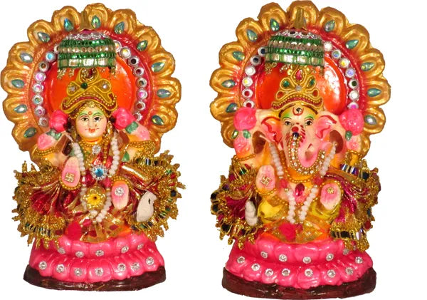 Terracotta Laxmi Ganesh Murti / Laxmi Ganesh Idol Decorative Showpiece - 16 Cm (Terracotta, Multicolor)