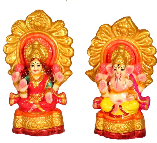 Small Size Terracotta Laxmi Ganesh Murti / Laxmi Ganesh Idol Decorative Showpiece - 11 Cm (Terracotta, Multicolor)