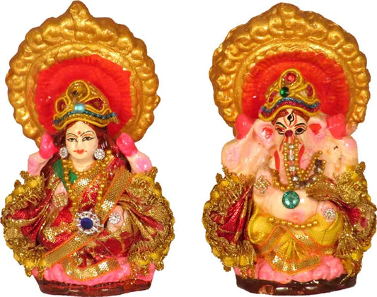 Small Size Terracotta Laxmi Ganesh Murti / Laxmi Ganesh Idol Decorative Showpiece - 10 Cm (Terracotta, Multicolor)