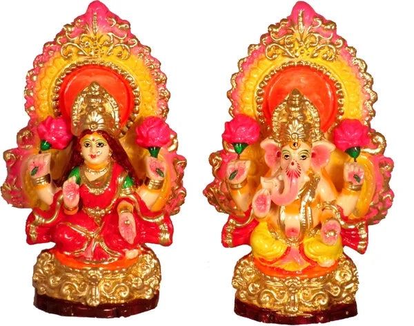 Terracotta Laxmi Ganesh Murti / Clay Laxmi Ganesh Idol Decorative Showpiece - 18 Cm (Terracotta, Multicolor)