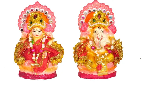 Terracotta Laxmi Ganesh Murti / Clay Laxmi Ganesh Idol Decorative Showpiece - 10 Cm (Terracotta, Multicolor)