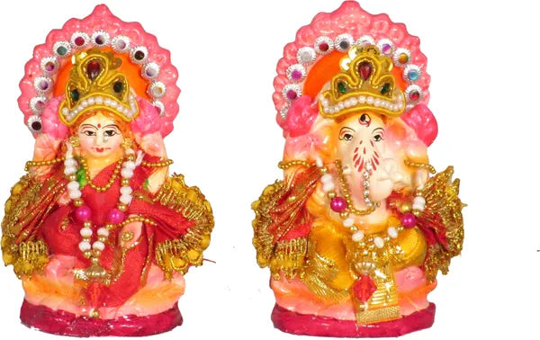 Terracotta Laxmi Ganesh Murti / Clay Laxmi Ganesh Idol Decorative Showpiece - 10 Cm (Terracotta, Multicolor)