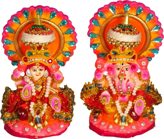 Terracotta Laxmi Ganesh Murti / Clay Laxmi Ganesh Idol Decorative Showpiece - 12 Cm (Terracotta, Multicolor)