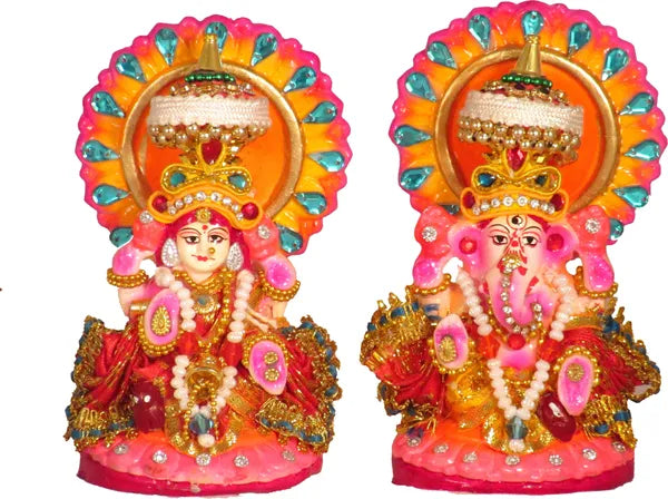 Terracotta Laxmi Ganesh Murti / Clay Laxmi Ganesh Idol Decorative Showpiece - 12 Cm (Terracotta, Multicolor)