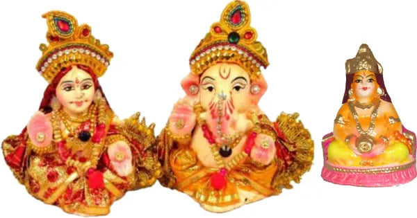 Terracotta Laxmi Ganesh Murti With Kuber Ji Murti Decorative Showpiece - 7.5 Cm (Clay, Multicolor)