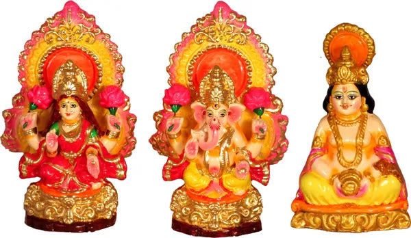 Terracotta Laxmi Ganesh Murti With Kuber Ji Murti Decorative Showpiece - 20 Cm (Clay, Multicolor)