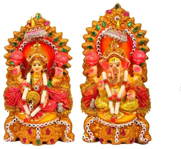 Laxmi Ganesh Decorative Showpiece - 21 Cm (Clay, Multicolor)