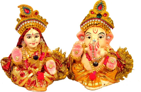 Terracotta Laxmi Ganesh Murti / Clay Laxmi Ganesh Idol Decorative Showpiece - 8 Cm (Terracotta, Multicolor)