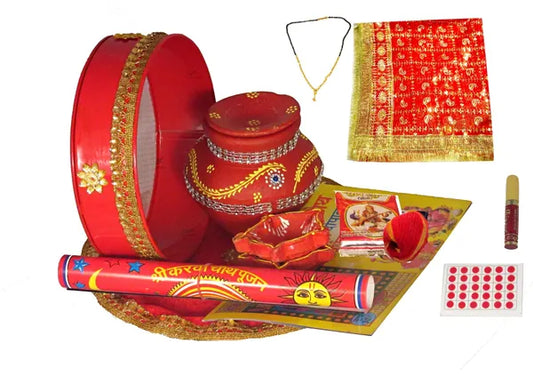 Karwa Chauth Pooja Thali Set |Karwachauth Thali Set | Karwa Chauth Thali Terracotta (15 Pieces, Multicolor)