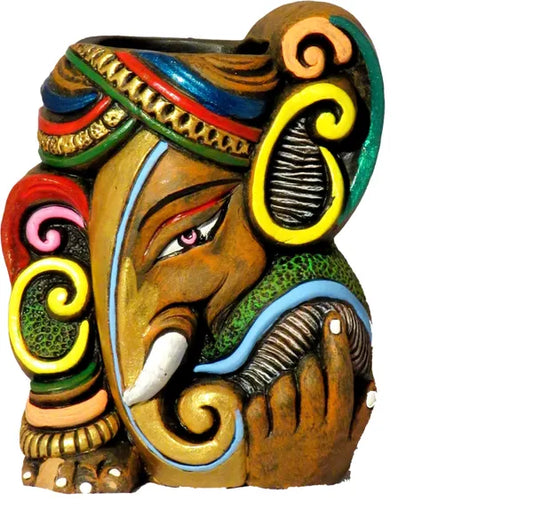 Terracotta Ganesha Multipurpose Pen Stand / Flower Pot For Office And Home Table Decor Terracotta Vase (5 Inch, Multicolor)