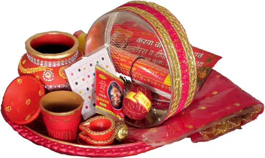 12 Inch Terracotta Karwa Chauth Thali With Full Size Chunni And Glass For Pooja Terracotta (14 Pieces, Red)