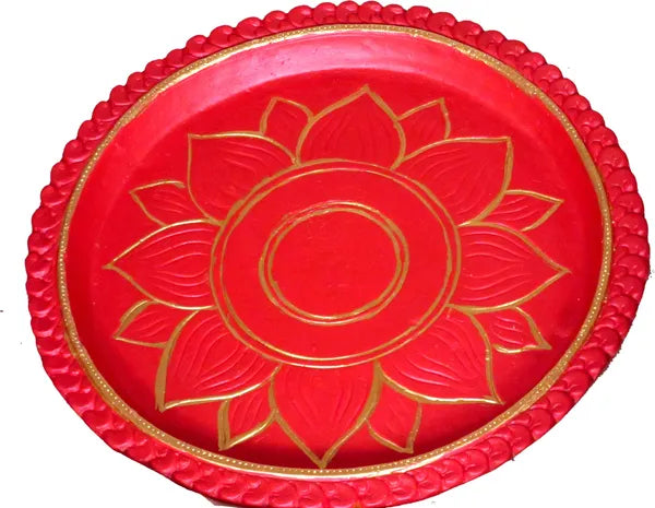 12 Inch Terracotta Karwa Chauth Thali With Full Size Chunni And Glass For Pooja Terracotta (14 Pieces, Red)