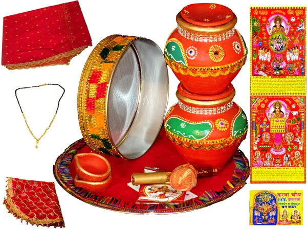 Karwachauth And Ahoi Ashtami Pooja Thali Set With Full Size Chunni ,Thali Cover Terracotta (17 Pieces, Multicolor)