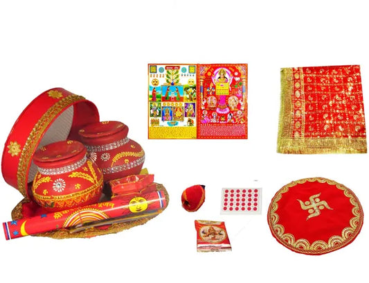 Karwa Chauth And Ahoi Thali Set With Full Size Chunni Silver Plated (14 Pieces, Multicolor)