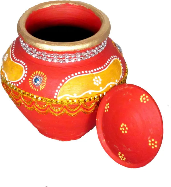 9 Inch Terracotta Karwa Chauth Thali And Ahoi Ashtami Thali With Glass For Pooja Terracotta (8 Pieces, Multicolor, Red)