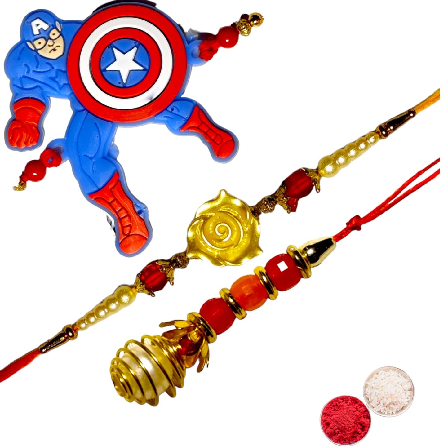 Bhaiya Bhabhi kids rakhi set bbk (1BHAIYA RAKHI, 1BHABHI RAKHI, 1 KIDS RAKHI, ROLI CHAWAL PACK)