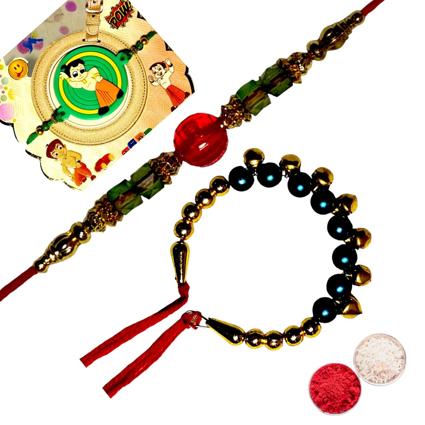 Bhaiya Bhabhi kids rakhi set bbk (1BHAIYA RAKHI, 1BHABHI RAKHI, 1 KIDS RAKHI, ROLI CHAWAL PACK)