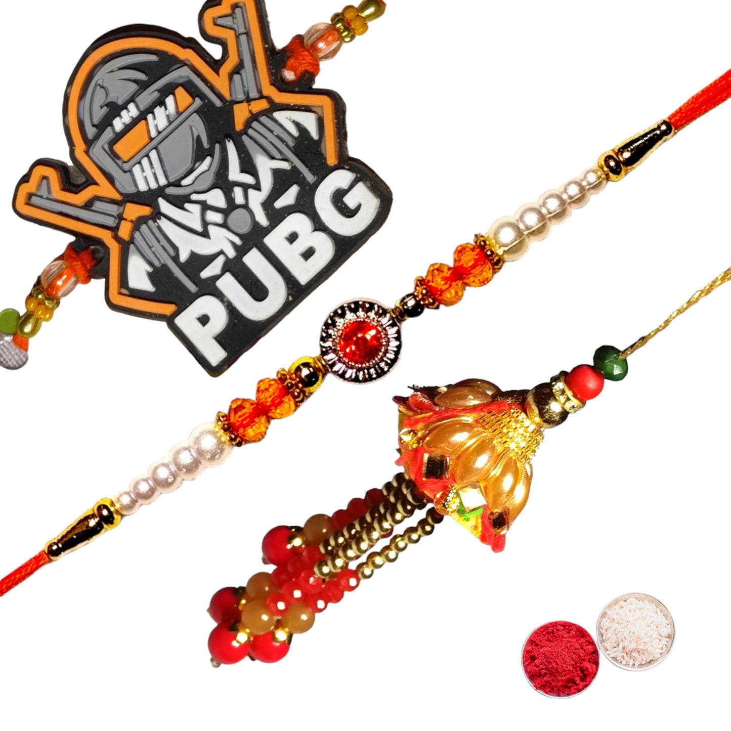 Bhaiya Bhabhi bbk-pu-ja-lu-04 Pearl Rakhi Set  (1 rakhi for brother ; 1 rakhi for bhabhi ; 1 rakhi for kids)