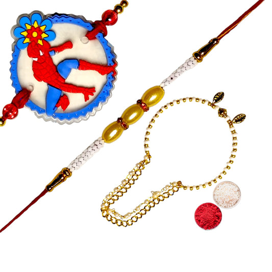 Bhaiya Bhabhi kids rakhi set bbk (1BHAIYA RAKHI, 1BHABHI RAKHI, 1 KIDS RAKHI, ROLI CHAWAL PACK)