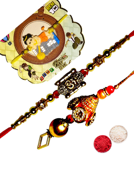 Bhaiya Bhabhi kids rakhi set bbk (1BHAIYA RAKHI, 1BHABHI RAKHI, 1 KIDS RAKHI, ROLI CHAWAL PACK)