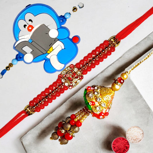 Bhaiya Bhabhi kids rakhi set bbk (1BHAIYA RAKHI, 1BHABHI RAKHI, 1 KIDS RAKHI, ROLI CHAWAL PACK)