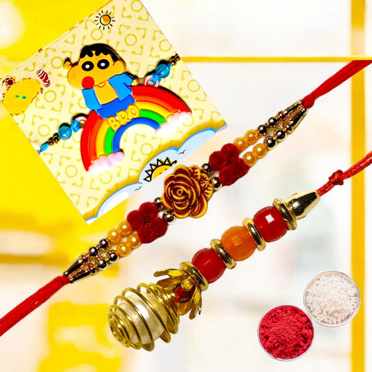 Bhaiya Bhabhi kids rakhi set bbk (1BHAIYA RAKHI, 1BHABHI RAKHI, 1 KIDS RAKHI, ROLI CHAWAL PACK)