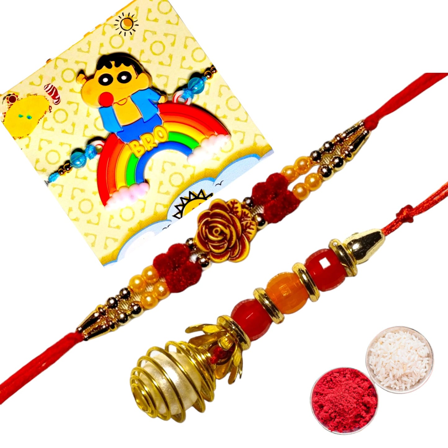 Bhaiya Bhabhi kids rakhi set bbk (1BHAIYA RAKHI, 1BHABHI RAKHI, 1 KIDS RAKHI, ROLI CHAWAL PACK)