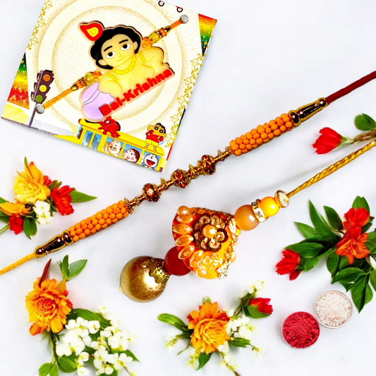 Bhaiya Bhabhi kids rakhi set bbk (1BHAIYA RAKHI, 1BHABHI RAKHI, 1 KIDS RAKHI, ROLI CHAWAL PACK)