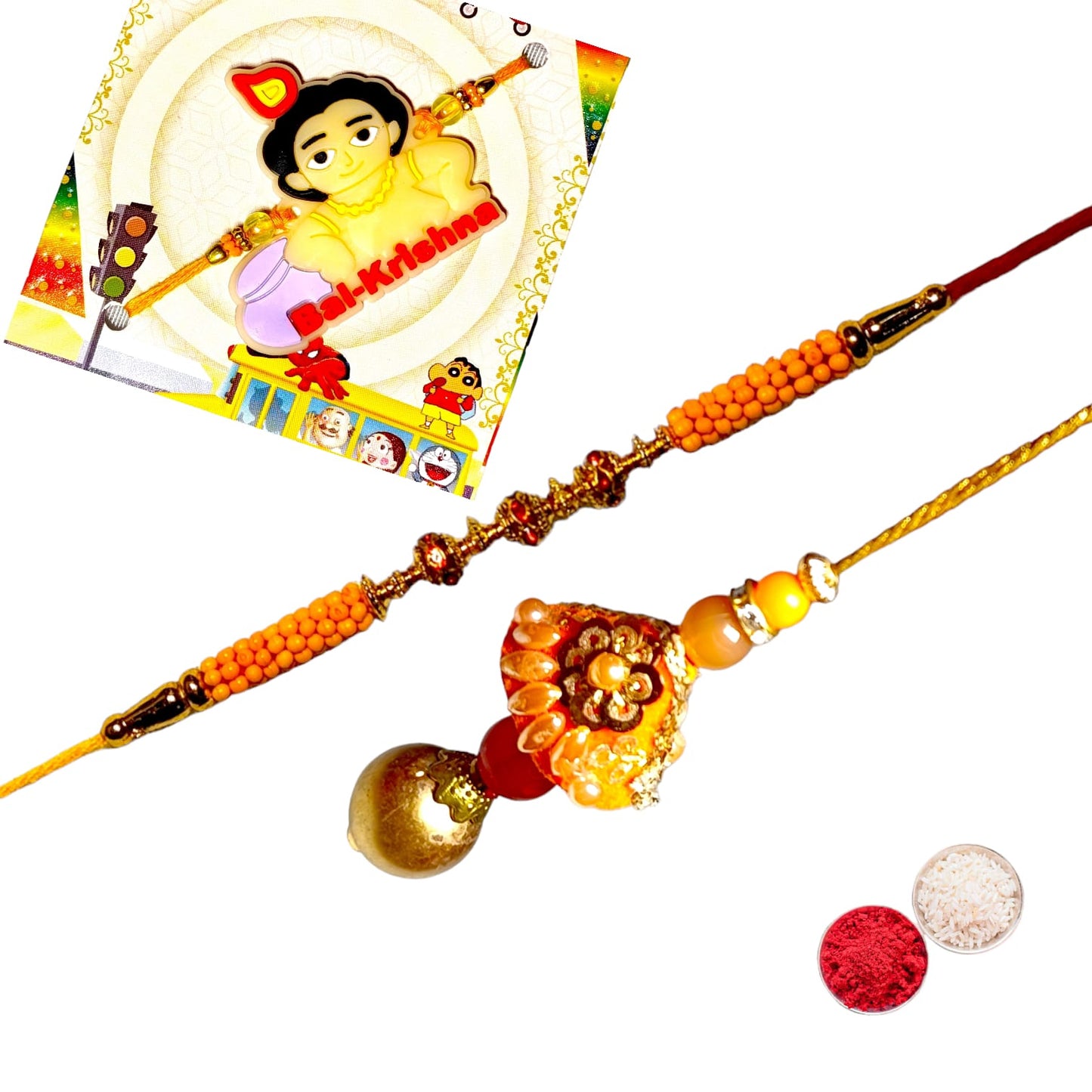 Bhaiya Bhabhi kids rakhi set bbk (1BHAIYA RAKHI, 1BHABHI RAKHI, 1 KIDS RAKHI, ROLI CHAWAL PACK)