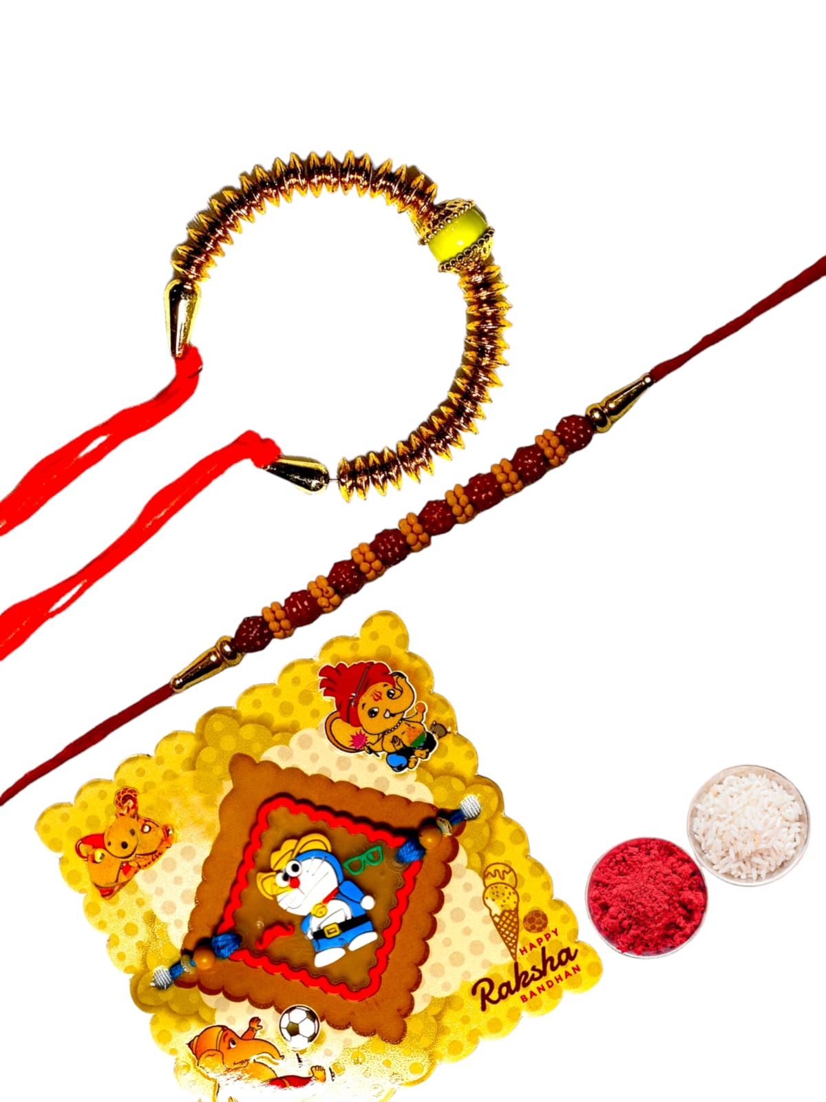 Bhaiya Bhabhi kids rakhi set bbk (1BHAIYA RAKHI, 1BHABHI RAKHI, 1 KIDS RAKHI, ROLI CHAWAL PACK)