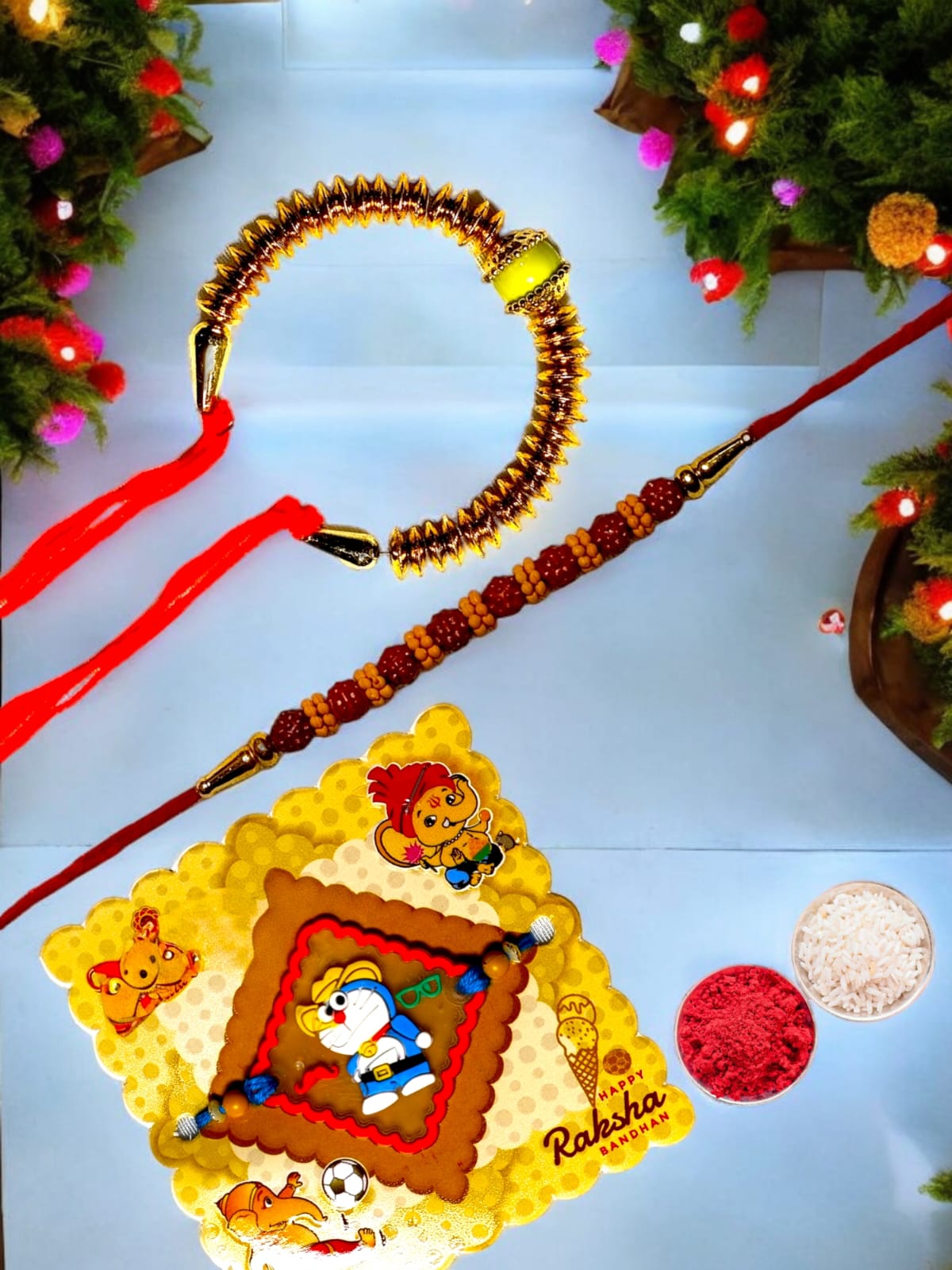 Bhaiya Bhabhi kids rakhi set bbk (1BHAIYA RAKHI, 1BHABHI RAKHI, 1 KIDS RAKHI, ROLI CHAWAL PACK)