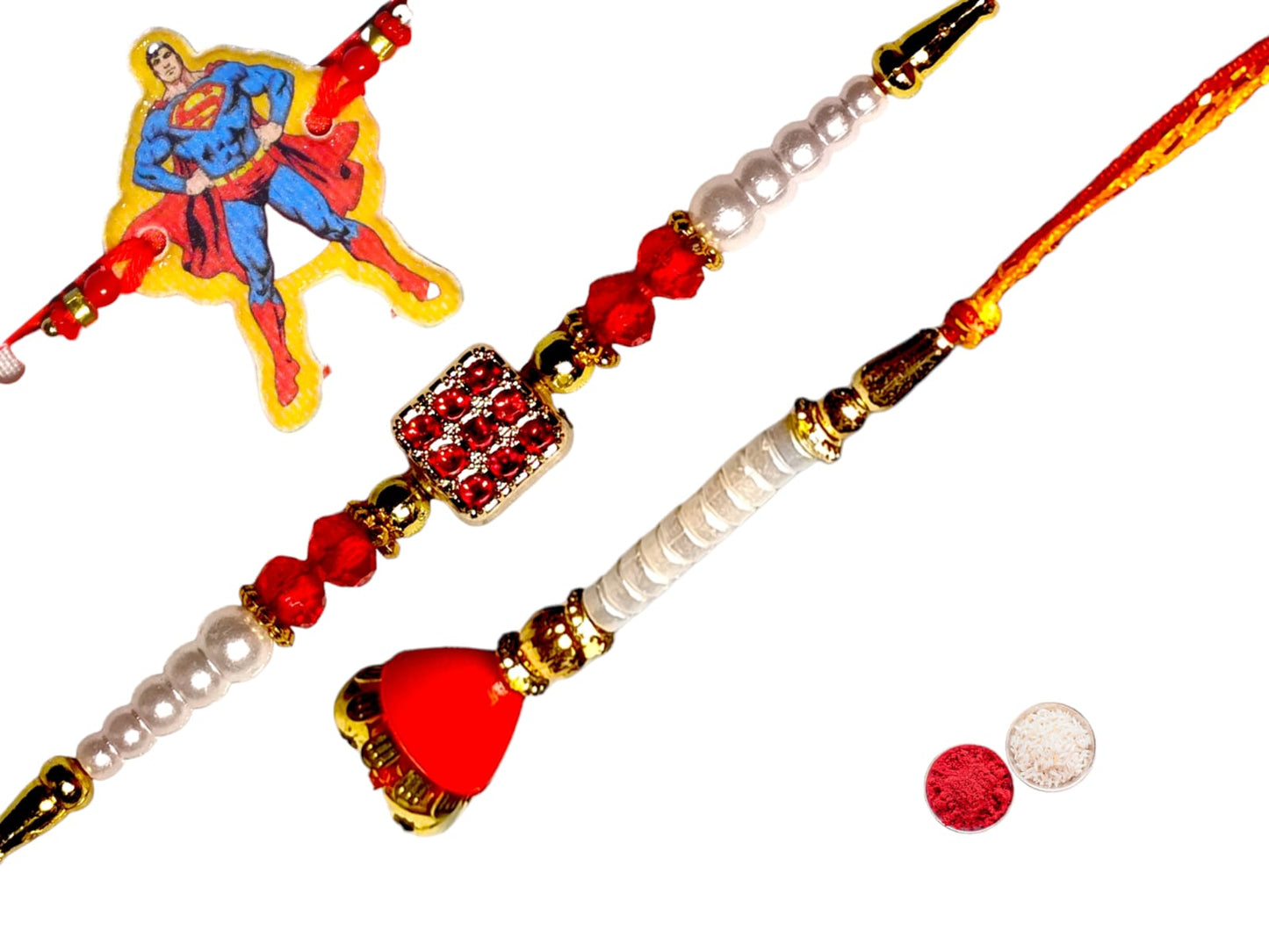 Bhaiya Bhabhi kids rakhi set bbk (1BHAIYA RAKHI, 1BHABHI RAKHI, 1 KIDS RAKHI, ROLI CHAWAL PACK)