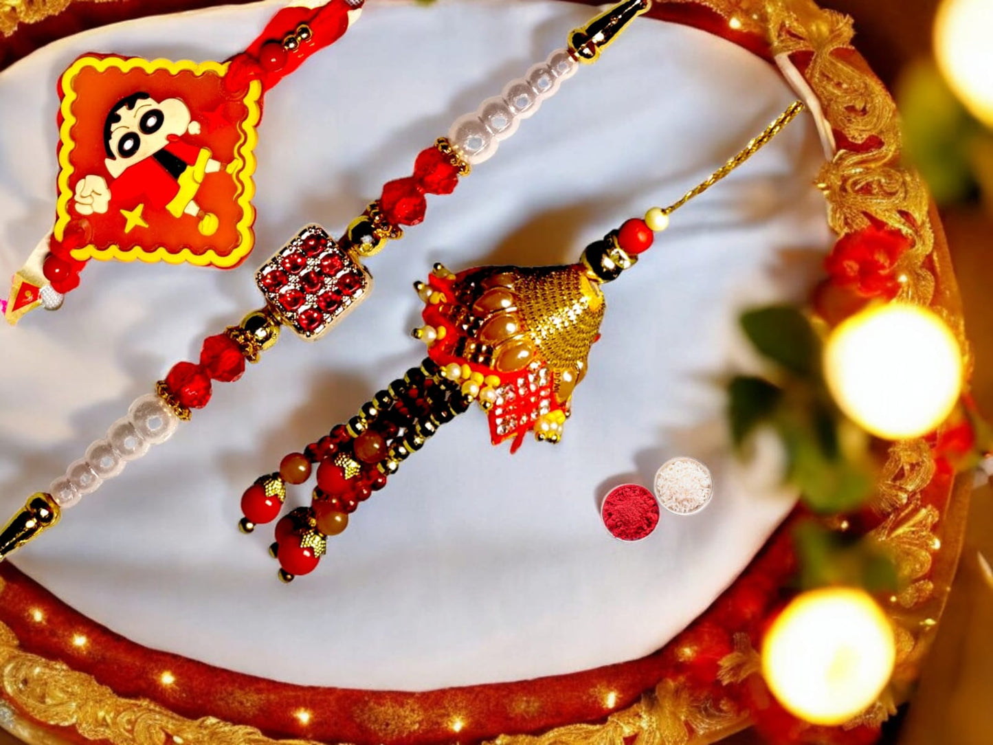 Bhaiya Bhabhi bbk-21 Pearl Rakhi Set  (1 rakhi for brother ; 1 rakhi for bhabhi ; 1 rakhi for kids)