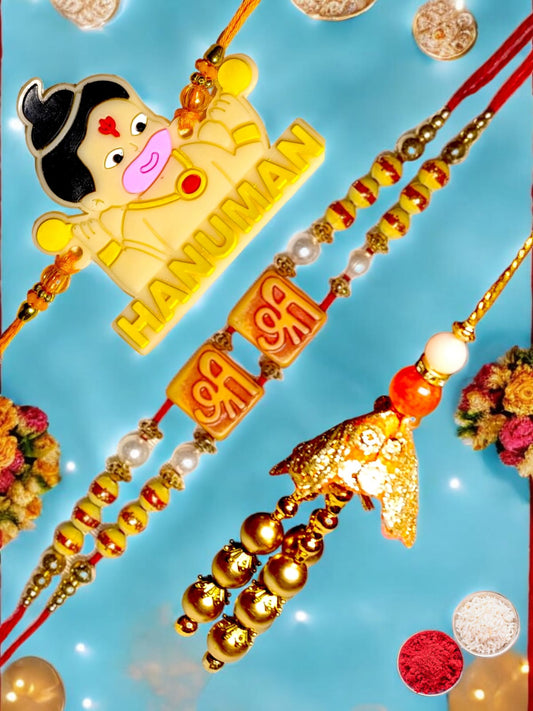 Bhaiya Bhabhi kids rakhi set bbk (1BHAIYA RAKHI, 1BHABHI RAKHI, 1 KIDS RAKHI, ROLI CHAWAL PACK)